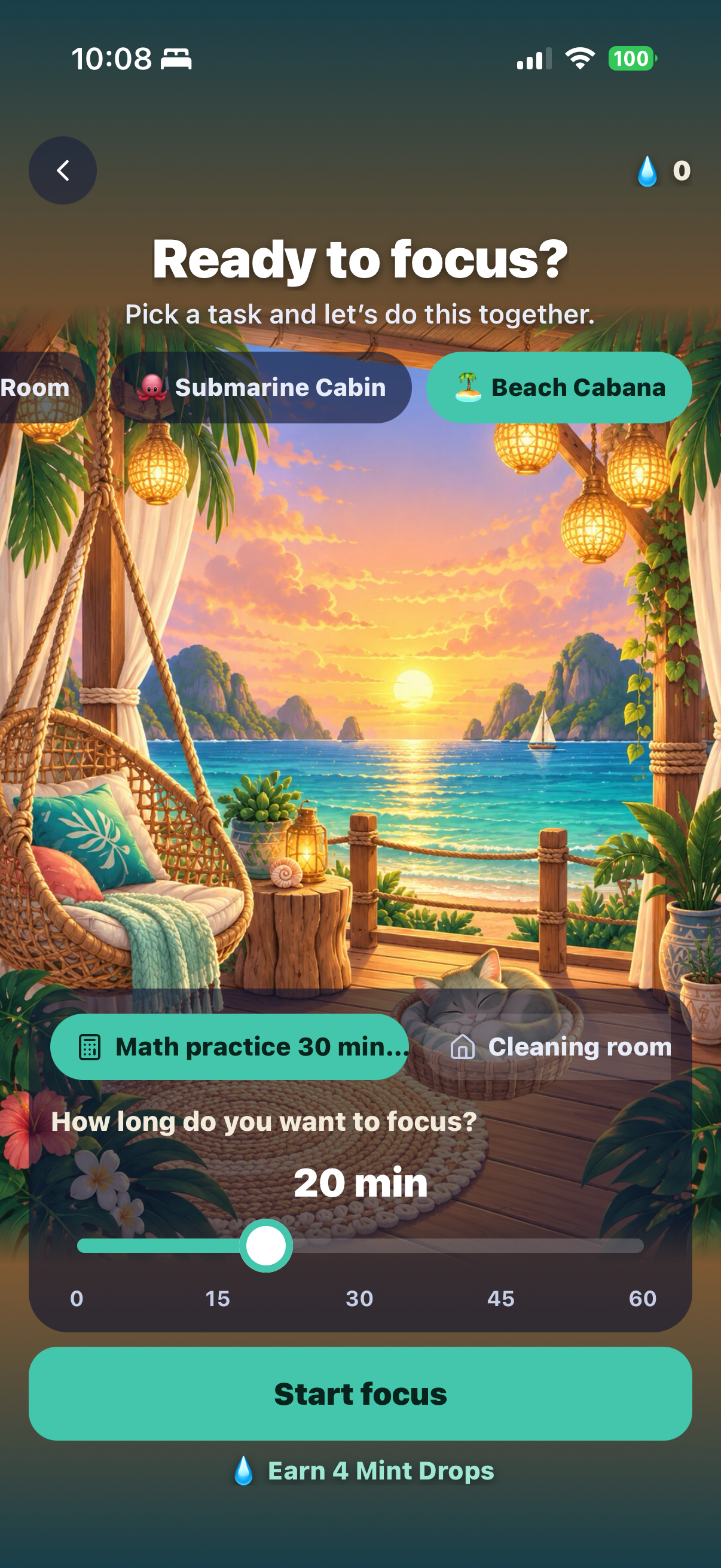 The Beach Cabana room with a sleeping cat