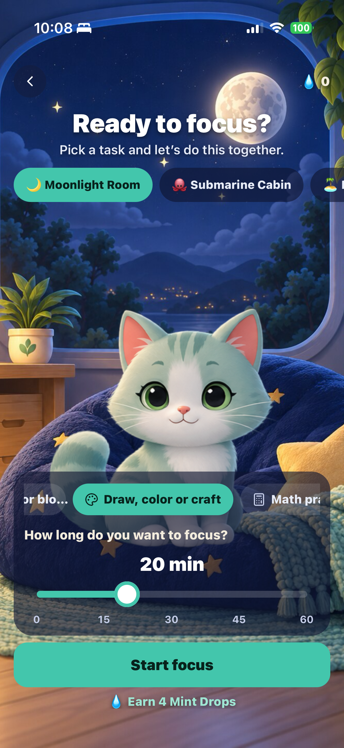 Ready to focus: pick a room and slide the time