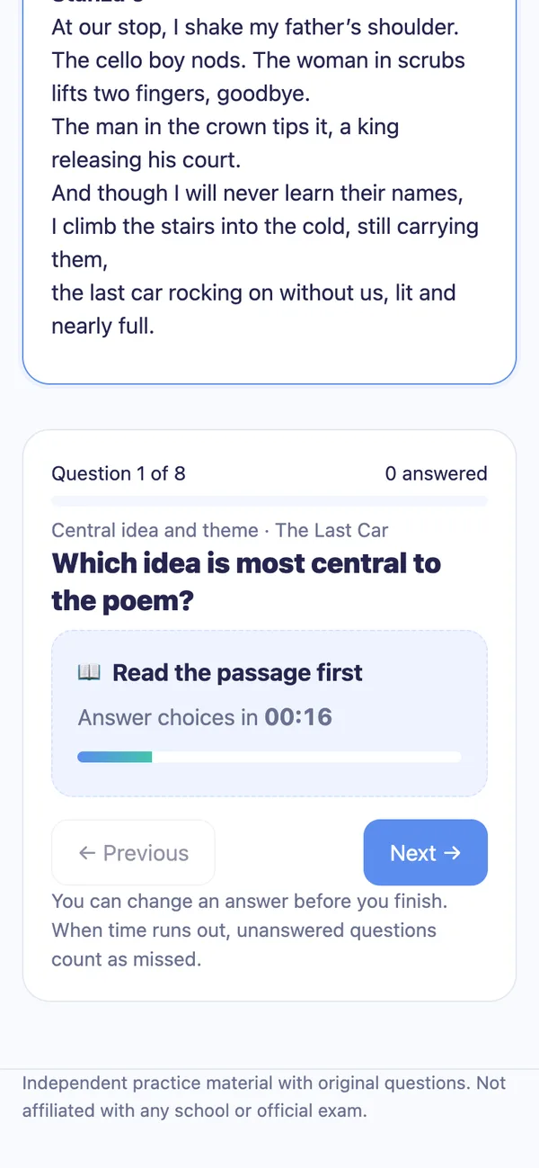 An SHSAT ELA question with the choices hidden behind a Read the passage first countdown