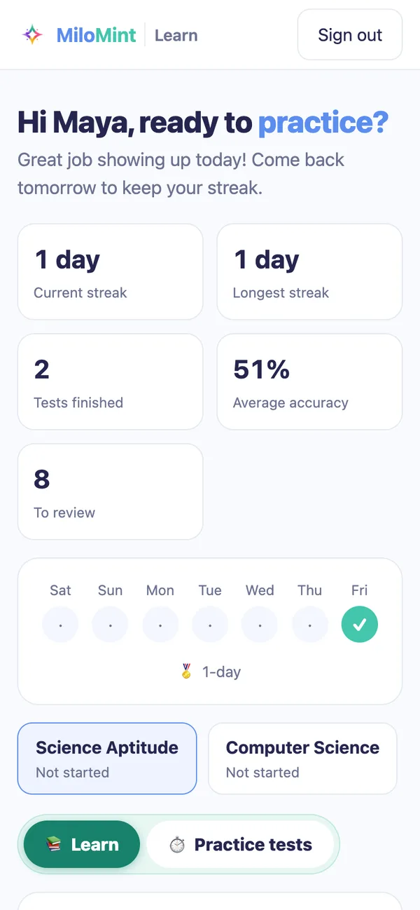 A kid's Learn home with a day streak, tests finished and questions to review