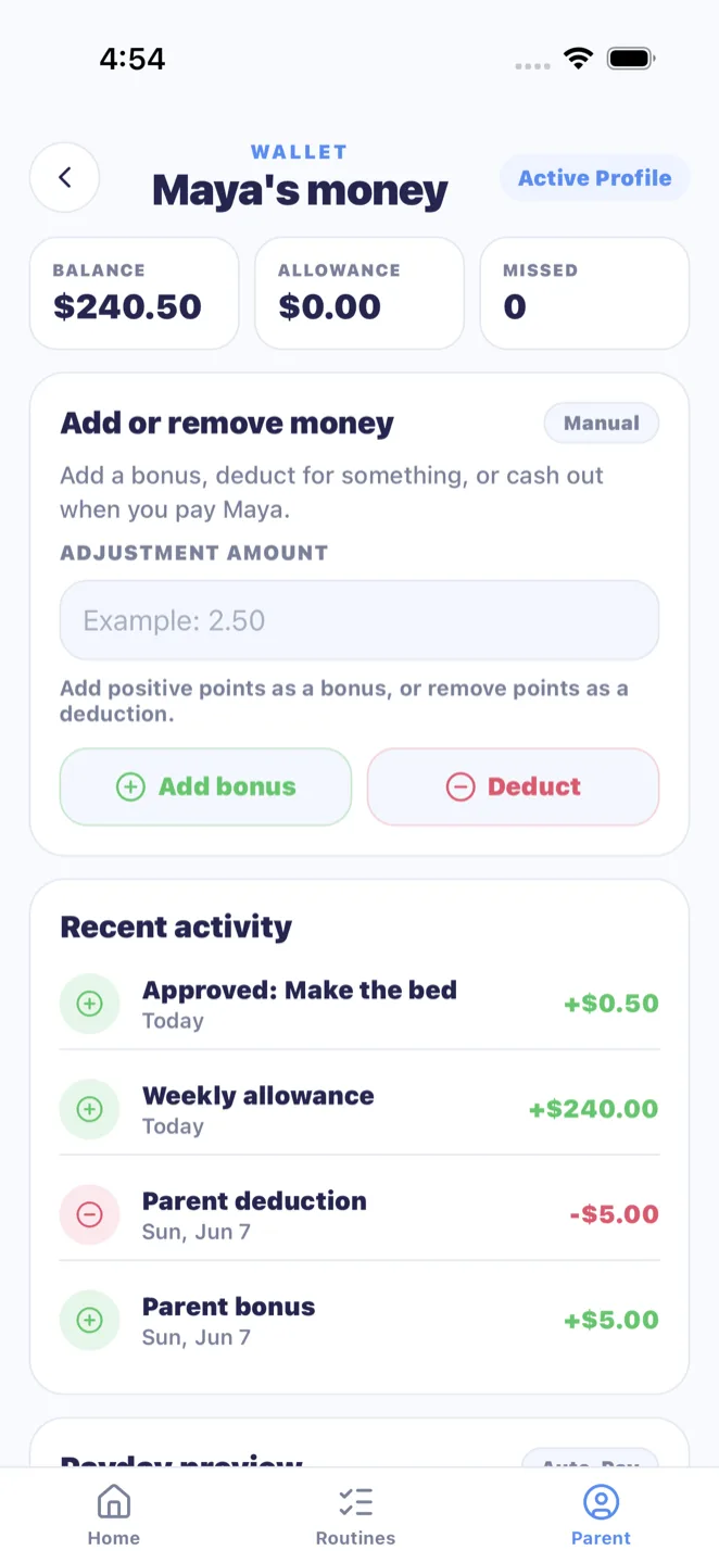 MiloMint Allowance screen
