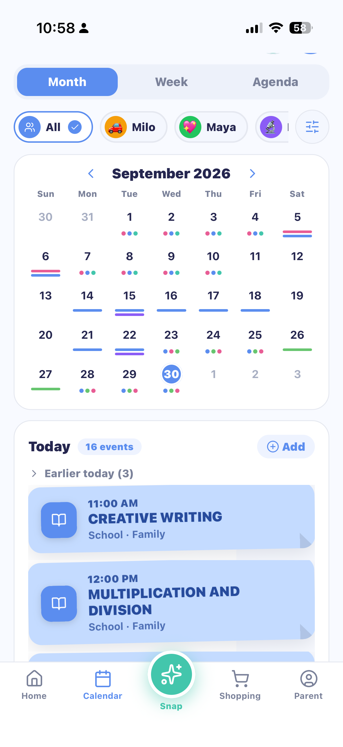 MiloMint shared family calendar with everyone's events in one place