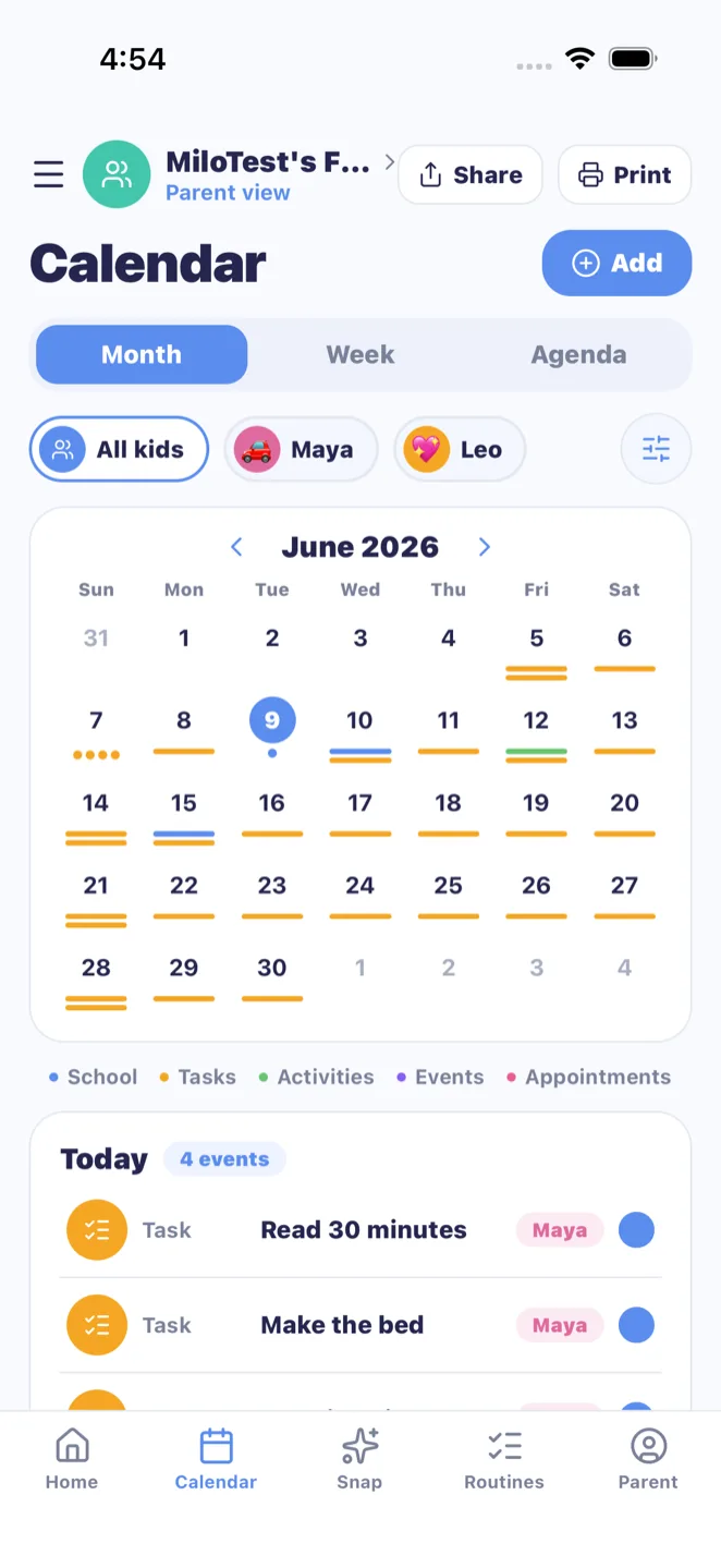 MiloMint Calendar screen