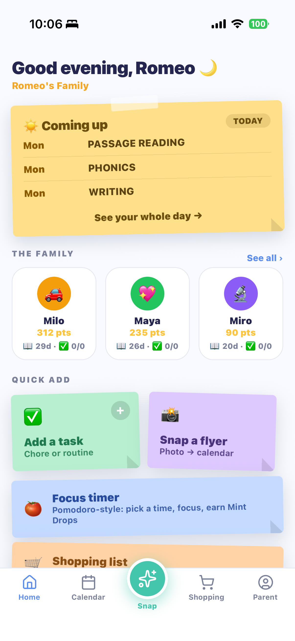 The MiloMint home screen showing today's family plan