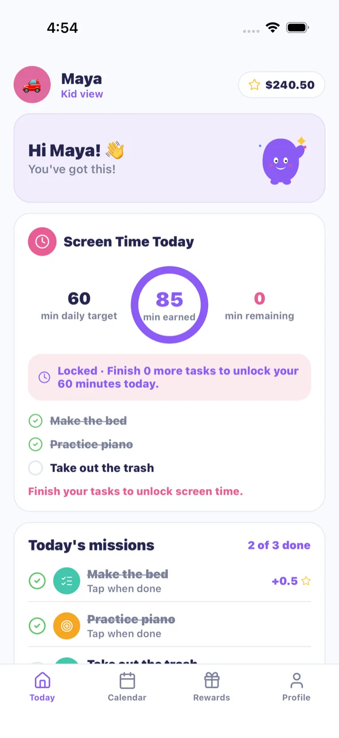 MiloMint Kid mode screen