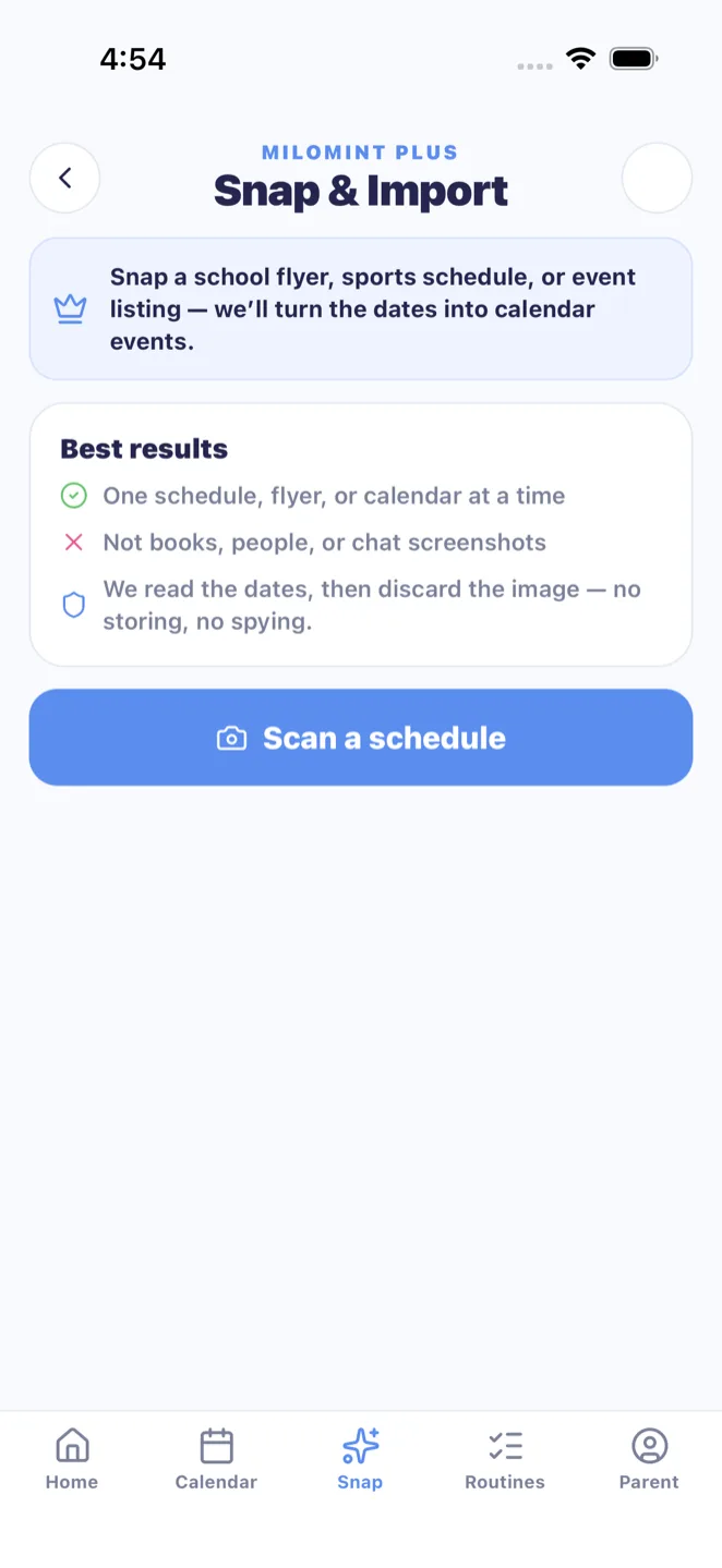 MiloMint Snap to calendar screen