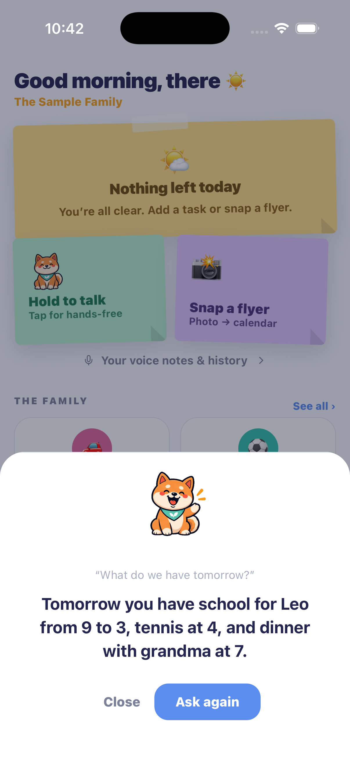 Milo answering a spoken question about tomorrow's family schedule